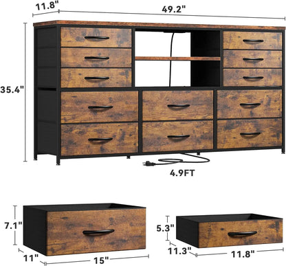 Commode pour meuble TV pour chambre à coucher avec prise de courant et lumières LED pour meuble TV 65" avec 12 tiroirs en tissu Table console TV pour chambre à coucher