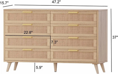 Commode double à 6/8 tiroirs pour chambre à coucher, commode en rotin, commode moderne en bois avec poignées dorées