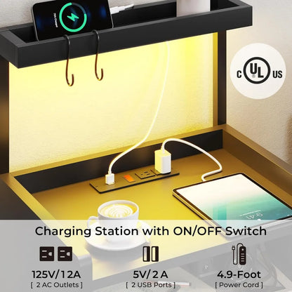 Nightstand with Charging Station and LED Lights, Nightstands with Drawer, End Side Table with Open Storage Shelves, Nightstand