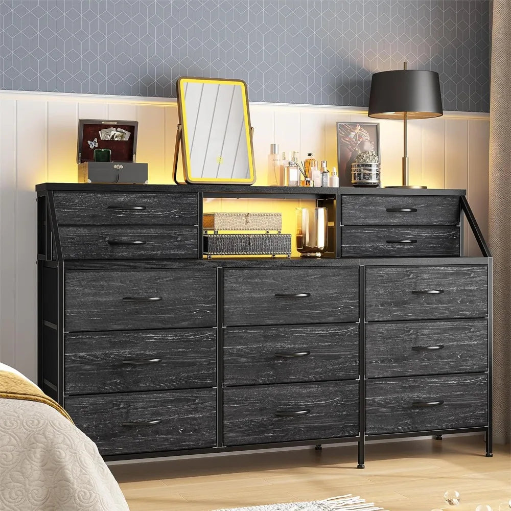 Commode noire de 55 po de largeur, commode pour chambre à coucher, commode avec 13 grands tiroirs, commode longue pour placard avec 2 étagères