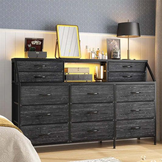 55”W Black Dresser, Dresser for Bedroom, Dresser with 13 Large Drawer Chests of Drawers,Long Dresser for Closet with 2 Shelves