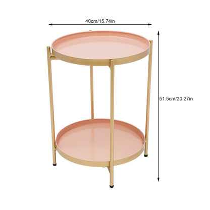 2-Tier End Table Folding Metal Round Side Table with Removable Tray for Living Room (Black/Gold/Golden Pink)