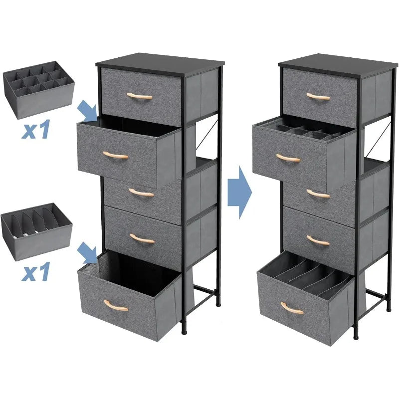 Tour de rangement verticale pour commode - Cadre en acier robuste, plateau en bois, bacs en tissu faciles à tirer 17,7"x11,8"x46,1" Meubles