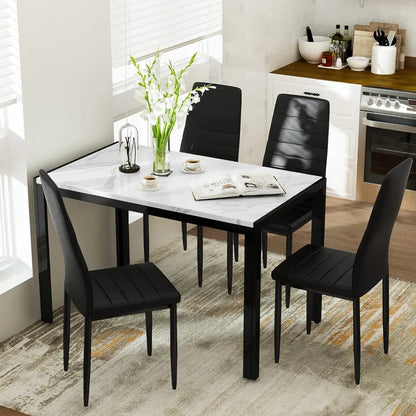 Dining Table Set for 4, Rectangular Faux Marble Tables and 4 PU Leather Chairs, 5 Pieces Kitchen Table Sets, Dining Room Set