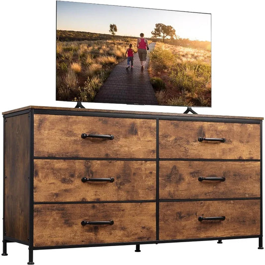 Wide Dresser with 6 Drawers, TV Stand for 50" TV, Entertainment Center with Metal Frame, Wooden Top, Fabric Storage Dresser for