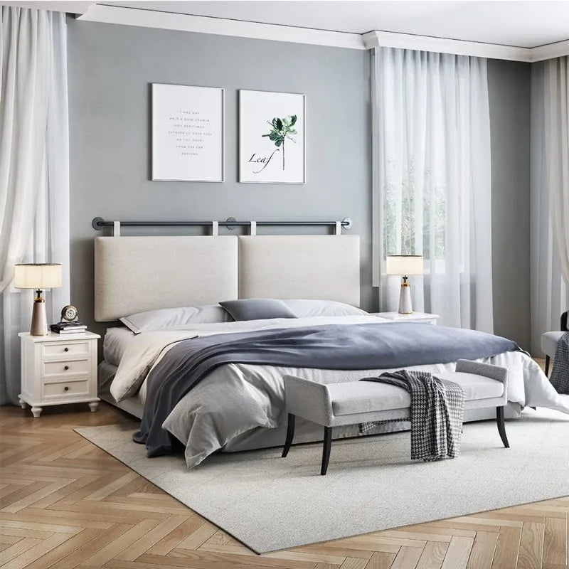 Tête de lit King Size à fixation murale pour lit avec revêtement en lin et tête de lit suspendue capitonnée à boutons pour chambre à coucher (beige,