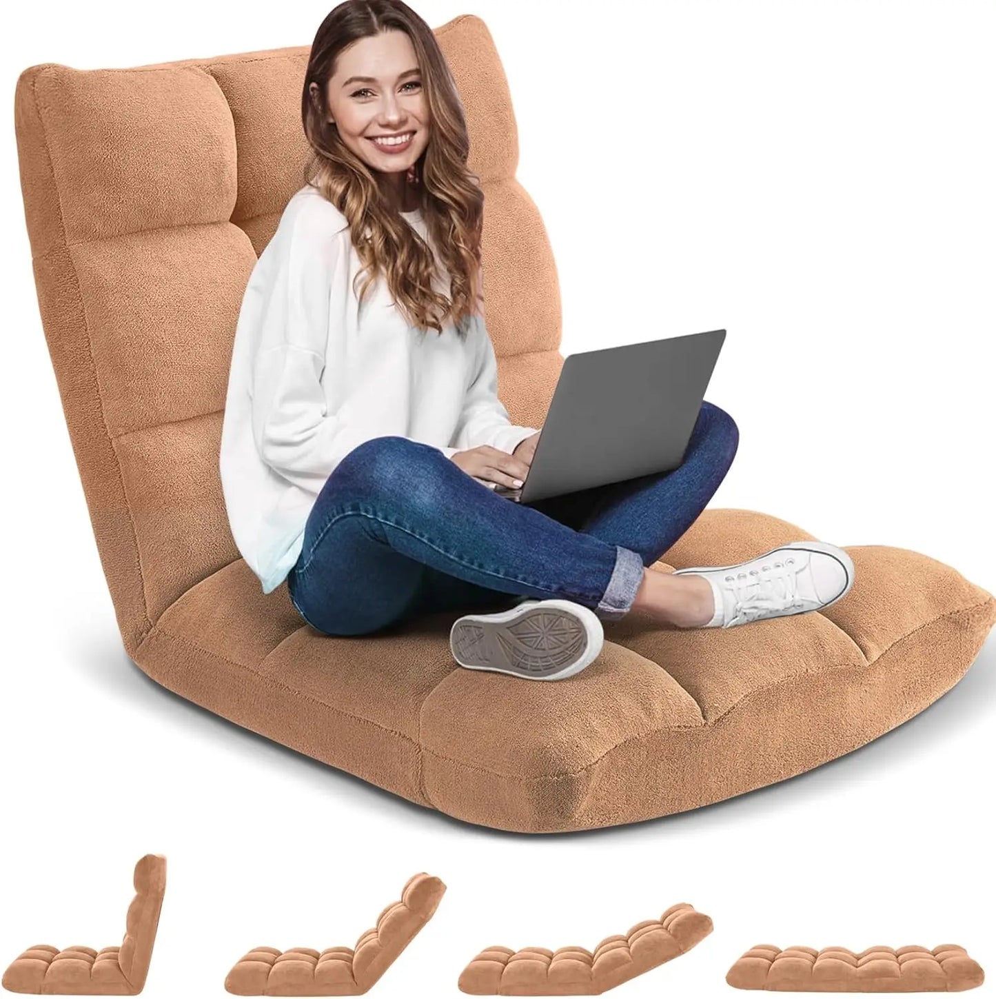 Silla de juego plegable con respaldo alto, ajustable y acolchada, de franela para adultos y niños, perfecta para leer y jugar. Camel