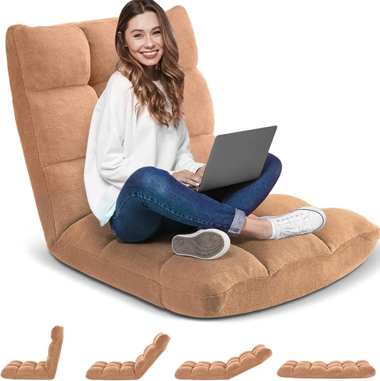 Silla de juego plegable con respaldo alto, ajustable y acolchada, de franela para adultos y niños, perfecta para leer y jugar. Camel