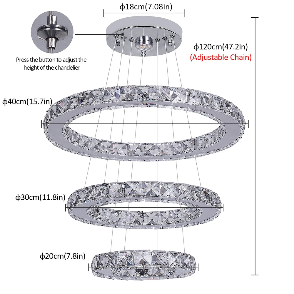 Luxury Crystal Led Chandelier Lamp Home Luminaire Rings Adjustable Pendant Light Fixture With Remote Control Bedroom Living Room