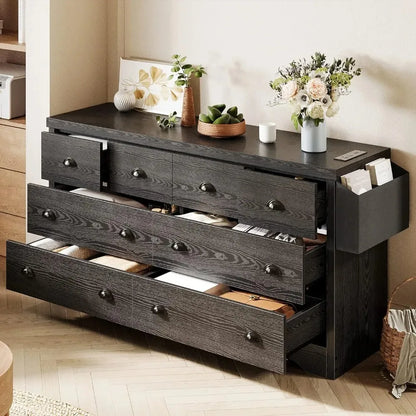 Dresser 8 Drawer, Modern Wood Bedroom Dresser with with Charging Station and Storage Bag, Storage Chest of Drawers for Living