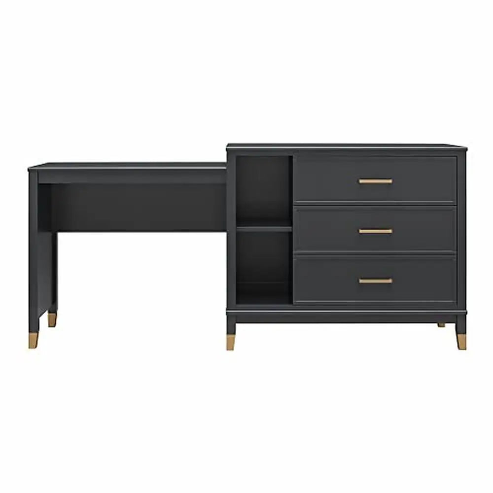 Westerleigh 3-in-1 Media Dresser Black Gold Accents Spacious Drawers Laptop Desk Safety Features 72.4"W x 19.6"D x 33.3"H