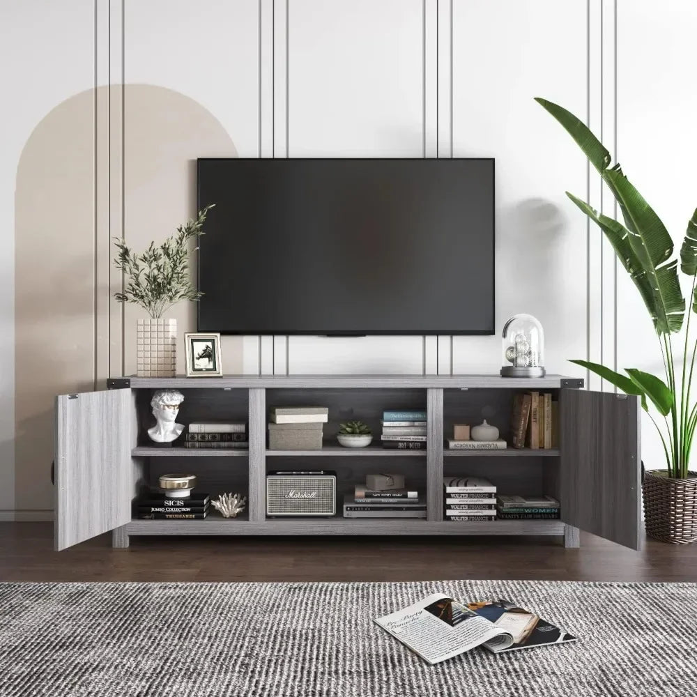 Modern Farmhouse TV Stand w/Two Barn Doors & Storage Cabinets for Televisions up to 65+ Inch, Entertainment Center Console Table