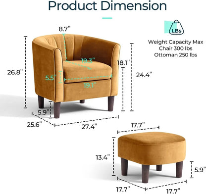 Velvet Accent Chair, Barrel Chair with , Modern Comfy Reading Chair Armchair for Living Room Study Room Office, Yellow