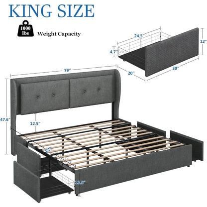 Bed Frame, Wingback Headboard, Upholstered Platform Beds Frames with Drawers, LED Bed Frame