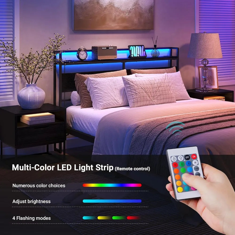 Queen Size Headboard Only with Power Outlet & Colorful LED Strip Light, Headboard for Adaptable Bed Frame Brackets Adapter