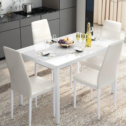 Marble kitchen table and chairs for 4 people, comfortable PU leather chairs, small space dining table, breakfast corner