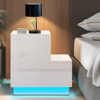 Mesita de noche para sala de estar, muebles para dormitorio, mesita de noche en forma de L con cajones, mesitas de noche, mesitas de noche con LED blancas, mesas de noche para el hogar