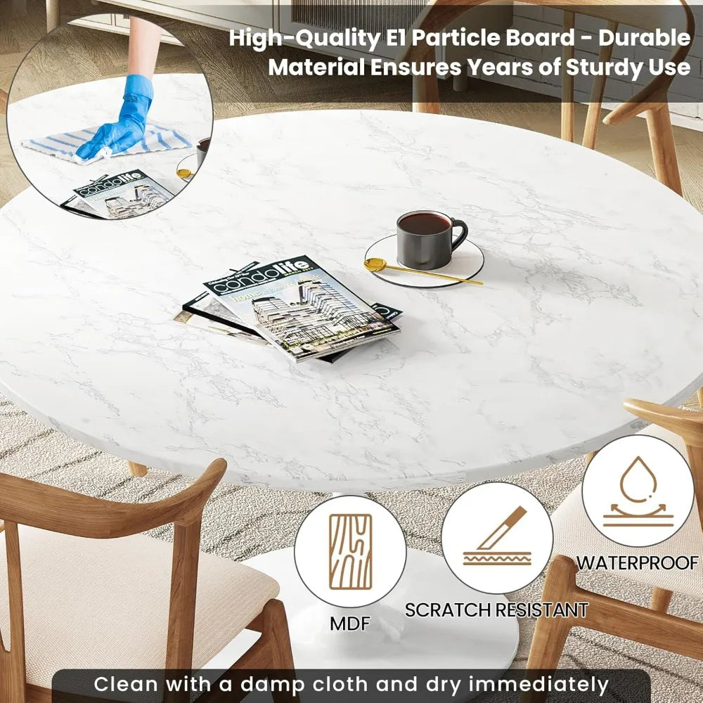 White Marble Round Dining Table, 42.1" Tulip Table Kitchen Dining Table 4-6 People with MDF Table Top & Pedestal Base