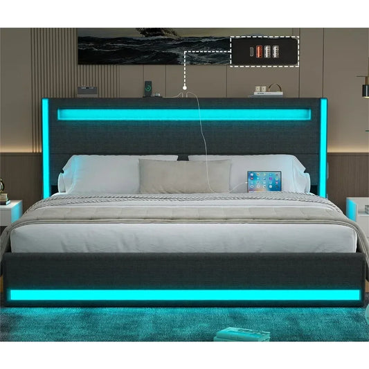 Marco de cama Queen con LED, cabecera ajustable, luz con estación de carga USB y tipo C, marco de cama de metal tapizado, marco de cama