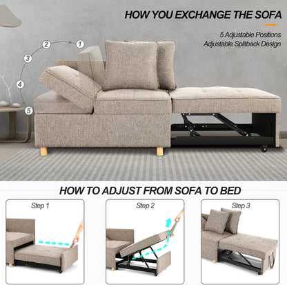 Sofa Bed Chair 4-in-1 Convertible Chair Bed,3-Seat Linen Fabric loveseat Sofa,Single Recliner with 5 Adjustable Backrest