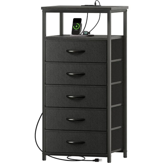 5 Drawers Dresser with Charging Station, Dresser for Bedroom, Tall Night Stand, Chest of Drawers with Open Shelf