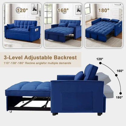 Sofa Bed Convertible 3-in-1 Multi-Functional Velvet Pull-Out Sofa Bed, 55'' Loveseat Adjustable Backrest and Pillows, Blue Couch