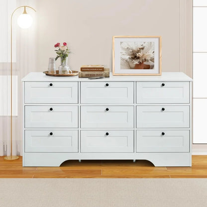 9 Drawer Dresser, White Long Dresser for Bedroom, Modern Wood Wide Dresser, Large Storage Chest of Drawers for Living Room