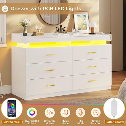 LED Dresser for Bedroom Wood, 6 Drawer with 2 Pull-Out Trays, Chest of Drawers for Bedroom, Modern Wide Dresser for  Living Room