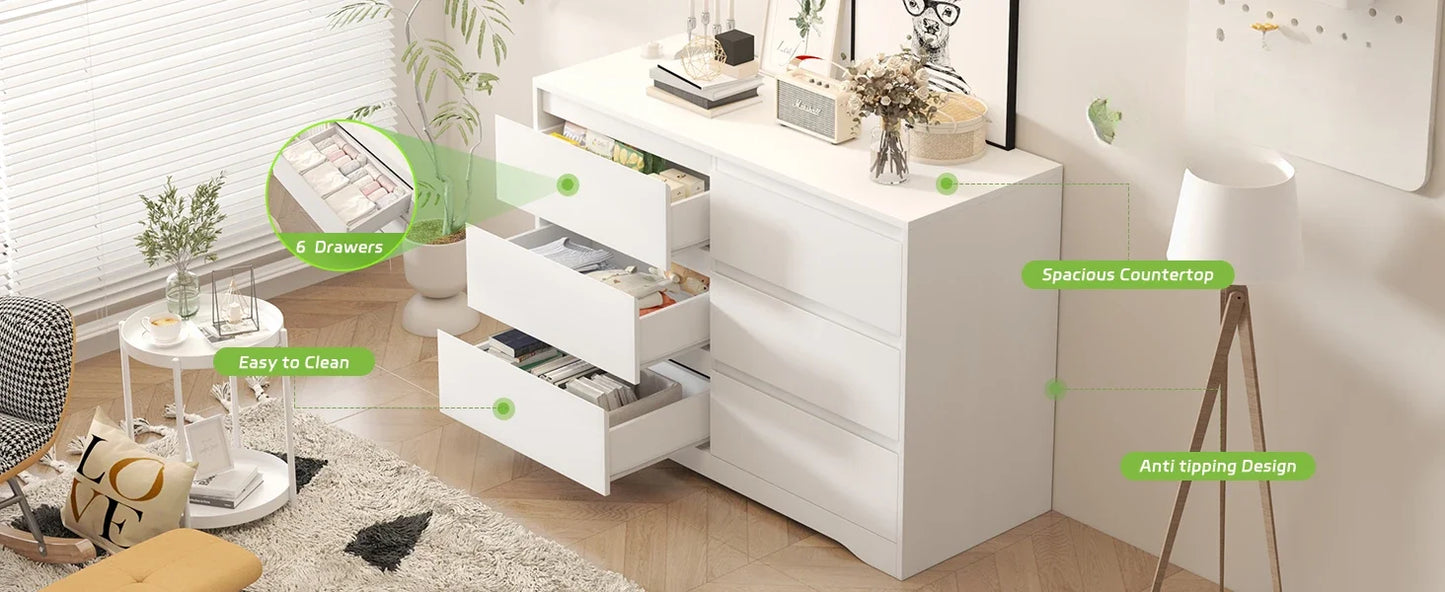 White Dresser with Deep Drawers, Modern 6 Drawer Dresser for Bedroom, Large Wooden Dresser for Bedroom