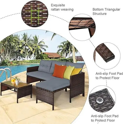 3/5-Piece Outdoor PE Rattan Furniture Set Patio Black Wicker Conversation Loveseat Sofa Sectional Couch Khaki Cushion outdoor