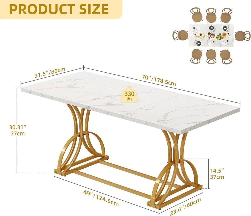 Grande table à manger moderne de 70,3 po pour 6 à 8 personnes, table de salle à manger de cuisine rectangulaire blanche avec plateau en faux marbre et