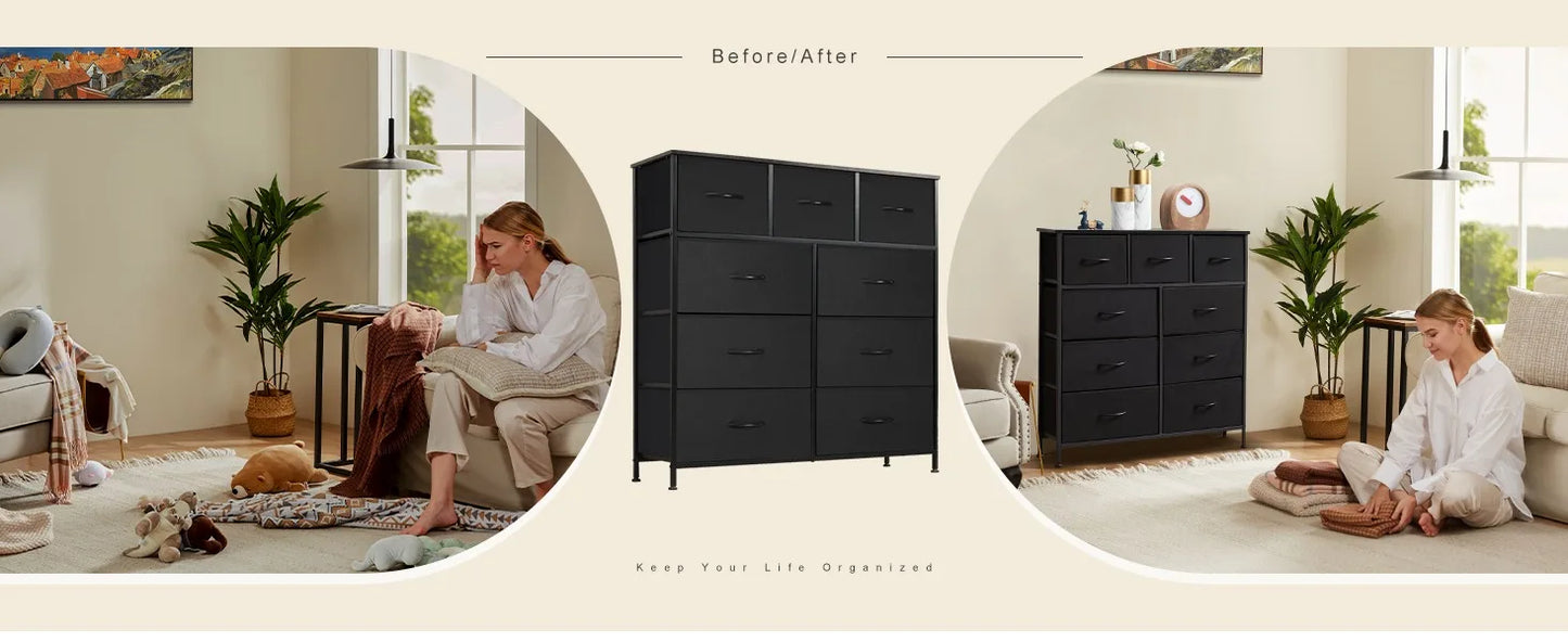 Dresser for Bedroom with 9 Drawers,Fabric Closet Organizer, Cloth Dresser with Metal Frame and Wood Tabletop Chest Storage Tower