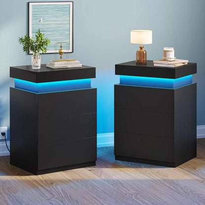 Ensemble de 2 tables de nuit à LED, table de nuit avec station de charge et plateau coulissant, table de chevet pour chambre à coucher, ensemble de 2