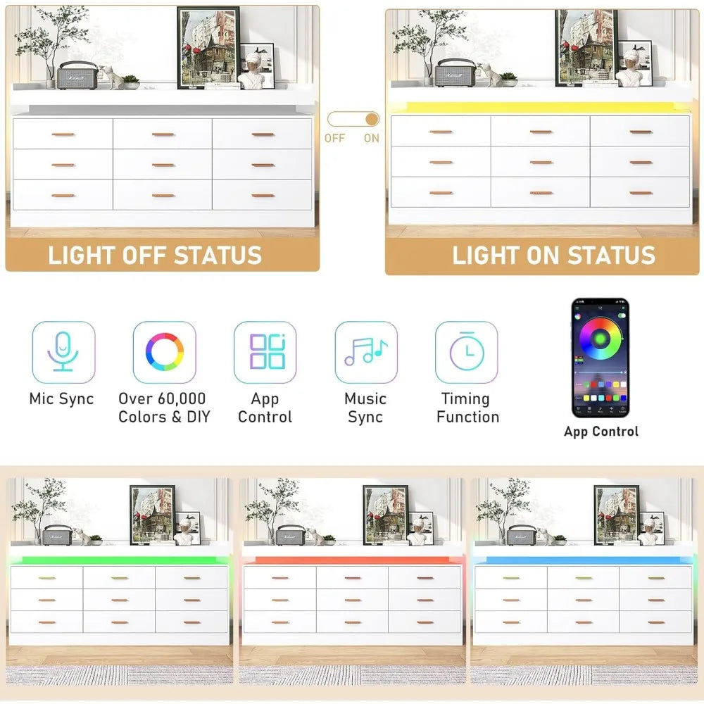 Bedroom Dresser, Drawer Dresser with LED Lights, Modern Chest of Drawers with Power Outlet, Organizer Cabinet for Bedroom, White