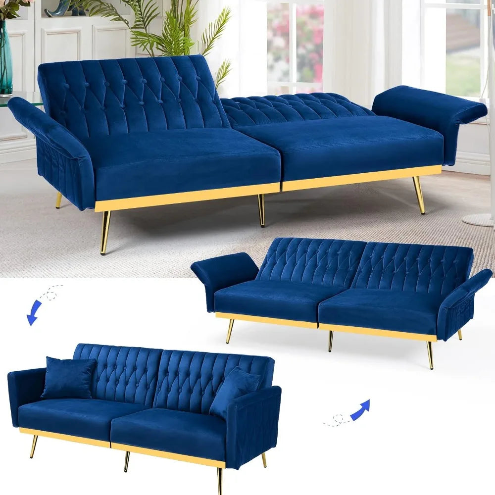 Canapé-lit futon en velours de 70 po avec dossiers et accoudoirs réglables, canapé-lit futon convertible avec deux oreillers, lit-lit capitonné