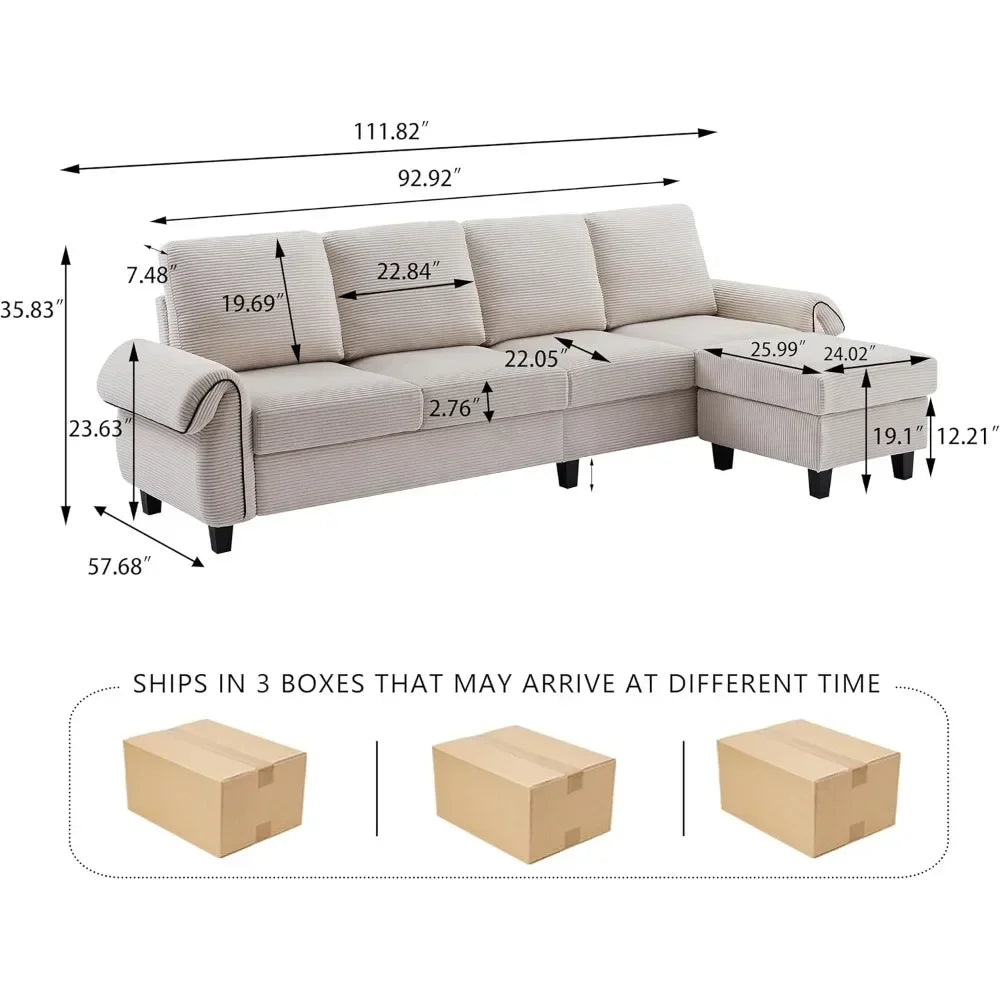 112" Sectional Sofa, 4-seat L-shaped couch, reversible ottoman, wooden legs, modern polyester upholstery, beige, for LR/apt