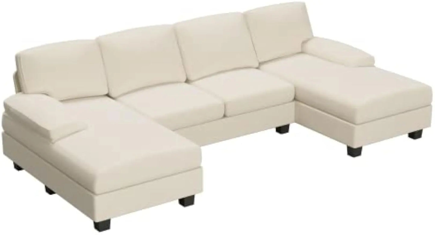 Convertible Sectional Sofa Couch, 4 Seat Sofa Set U-Shaped Modern Fabric Modular Sofa Sleeper with Double Chaise & Memory Foam