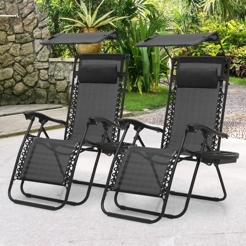 2 PCS Zero Gravity Chairs Folding Outdoor Recliner Patio Beach Lounge Chairs with Canopy Shade, Headrest and Side Tray