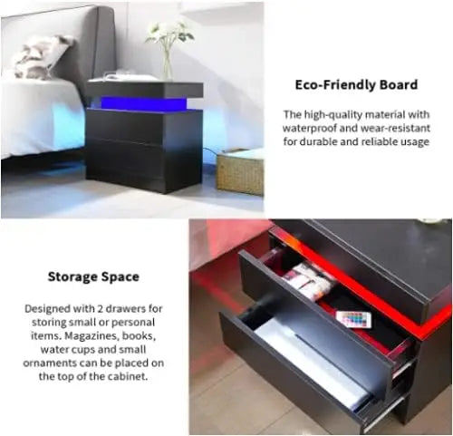 Bedside Table with 2 Drawers, LED Nightstand Wooden Cabinet Unit with Lights for Bedroom, Living Room, Black