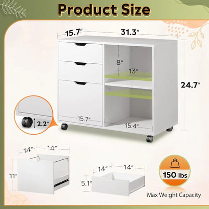 File Cabinet for 3-Drawer, Mobile Lateral Filing Cabinet, Printer Stand with Open Storage Shelves, File Cabinet