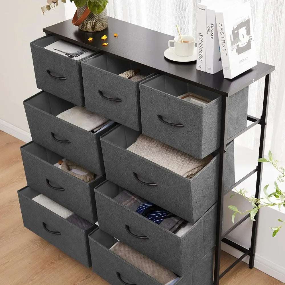 Cómoda para dormitorio, cajones de almacenamiento, torre de almacenamiento de tela con 9 cajones, cómoda con compartimentos de tela, estructura de metal resistente