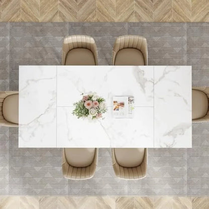 Table à manger de 71 po pour 6 personnes, table de salle à manger blanche moderne avec plateau en faux marbre, table de cuisine avec cadre géométrique