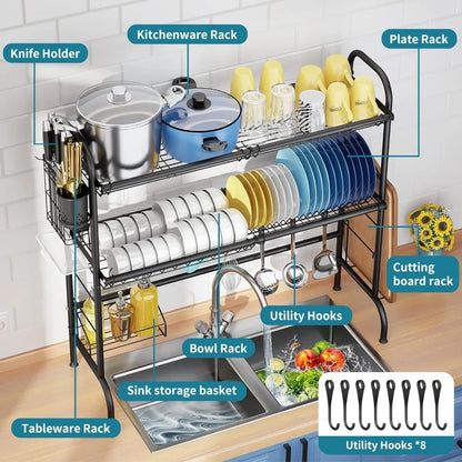 Escurridor de platos sobre el fregadero, escurridor de platos grande de acero de 2 niveles sobre el fregadero con soporte para utensilios, escurridores de platos para encimera de cocina