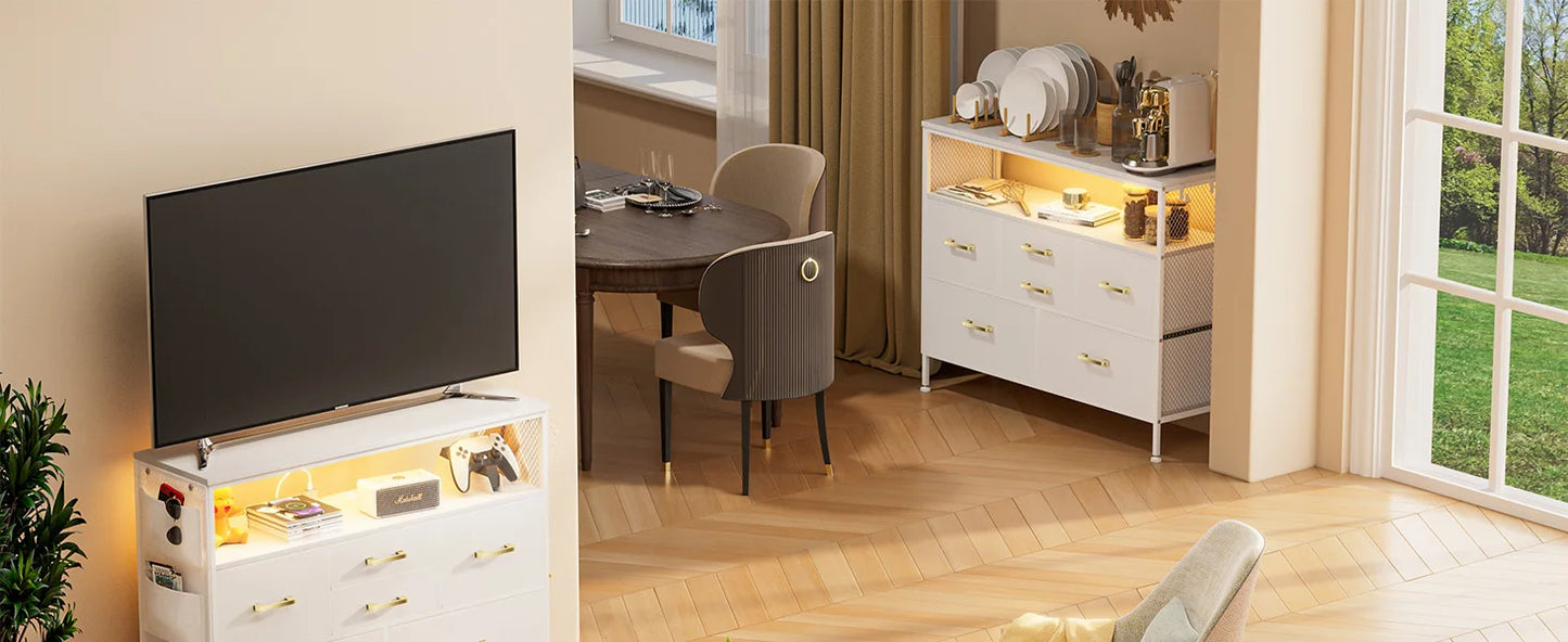 Dresser for Bedroom TV Stand with Power Outlets and LED Light, 6 Drawers Dresser with Side Pockets & Hooks