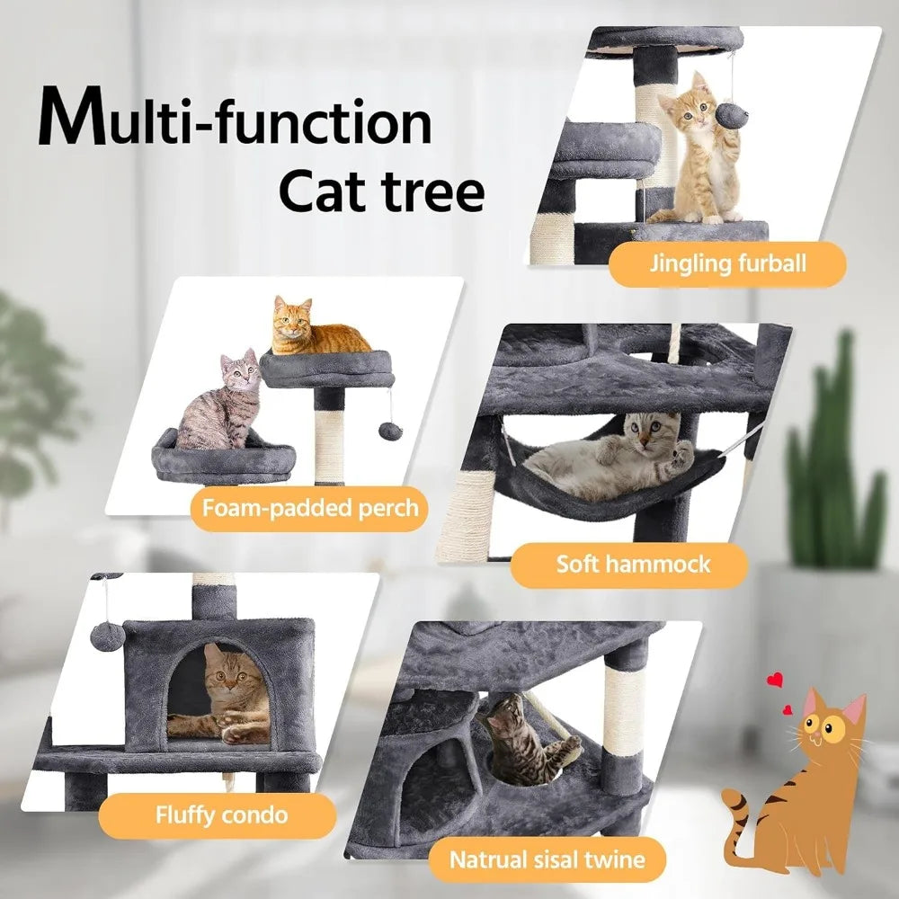 Arbre à chat de 62,2 pouces, tour à chat, condo pour chat avec plate-forme et hamac, poteaux à gratter pour chatons, maison de jeu pour animaux de compagnie avec perchoir en peluche