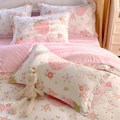 Jolie parure de lit rose fraise, drap de lit en coton lavé doux, housse de couette à fleurs, housse de couette pour fille, maison pour enfant