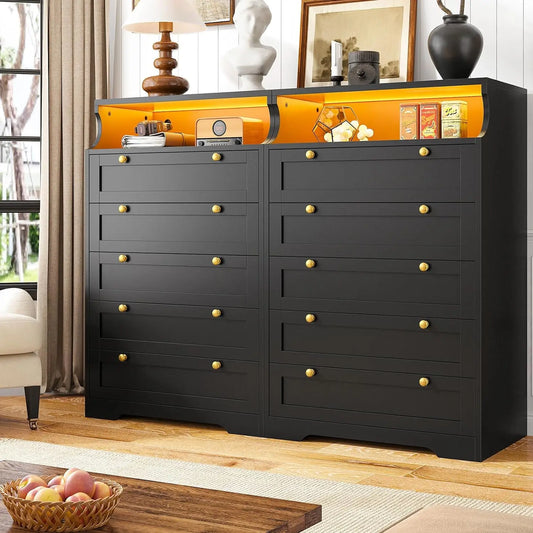 Dresser for Bedroom with LED, Bedroom Dressers & Chests of Drawers, Tall Dresser with 5 Wood Drawers and Metal Handles 48.4" H