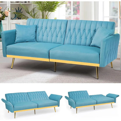 70in Velvet Futon Sofa Bed W/Adjustable Backrests and Armrests, Convertible Futon Couch with Two Pillows, Tufted Sleeper Bed