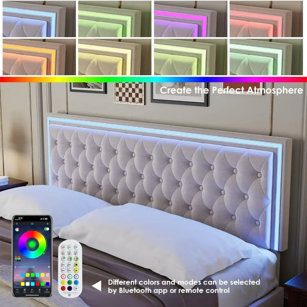 Cadre de lit king size avec 4 tiroirs, lit de rangement à plateforme en velours avec tête de lit capitonnée à boutons réglable, lit LED entièrement rembourré