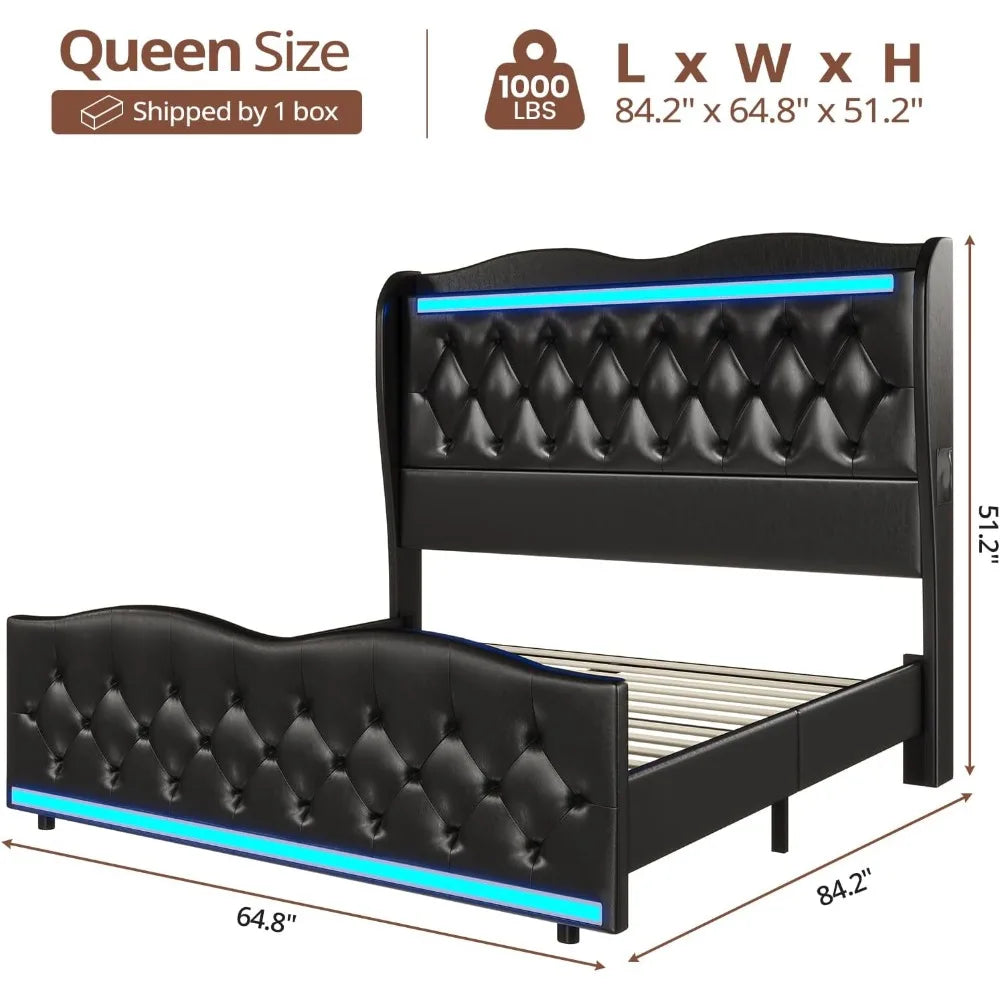 Queen Size Bed Frame Tall Headboard with LED Lights & Charging Station, Upholstered Wing Headboard & Footboard, Bed